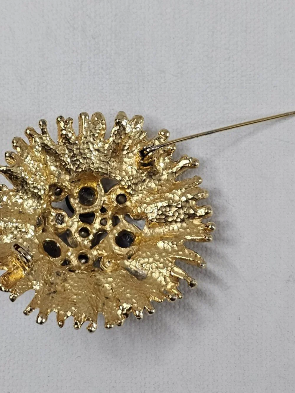 Gold Silver Tone Dome Starburst Brooch Flower Cluster AB Gray Cat Eye Unmarked